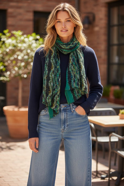 Abstract Jungle Leaves Print Wool Blend Scarf, extra fine wool, luxury scarf, spun by subtle luxury