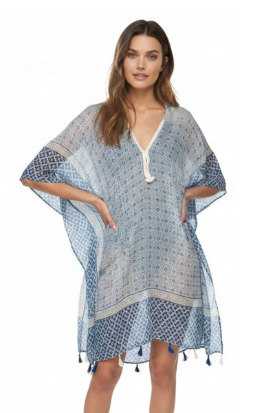 Age of Aquarius Blue Sheer Print Coverup Tassel Caftan 2