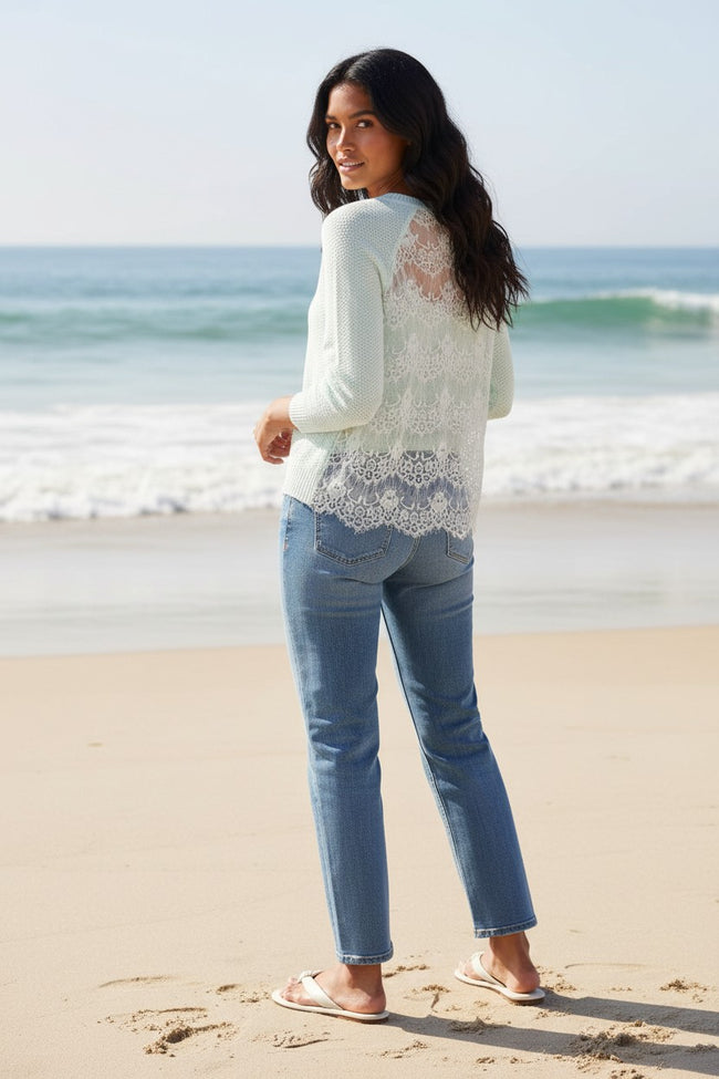 Almost Vintage Lace Back Crew Slub Cotton Knit Sweater mint