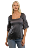Almost Vintage Smocked Square Neck Silk Satin Top charcoal