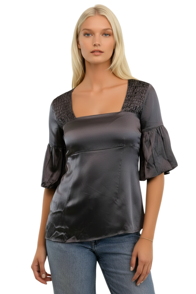 Almost Vintage Smocked Square Neck Silk Satin Top charcoal