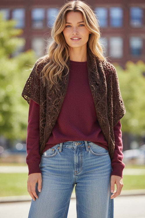 Almost Vintage | Stitched Embroidery Hand-Knit Sweater Shrug with Fringe