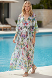 Aloha Paradise Digital Print Bright Multi-Covered on Sheer White Poolside Maxi Sundress Coverup 3