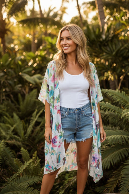 Leaves on the Wind Pastel Luxury Modal Print Made into a Kimono Coverup