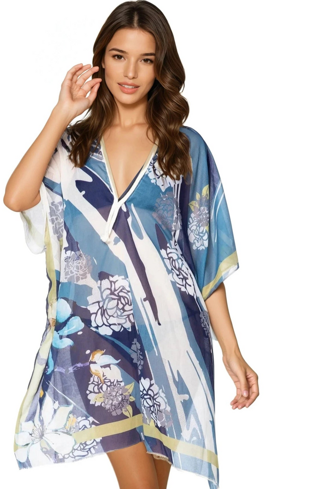 Around the Grove Blue Sheer Print Coverup Kaftan Dress