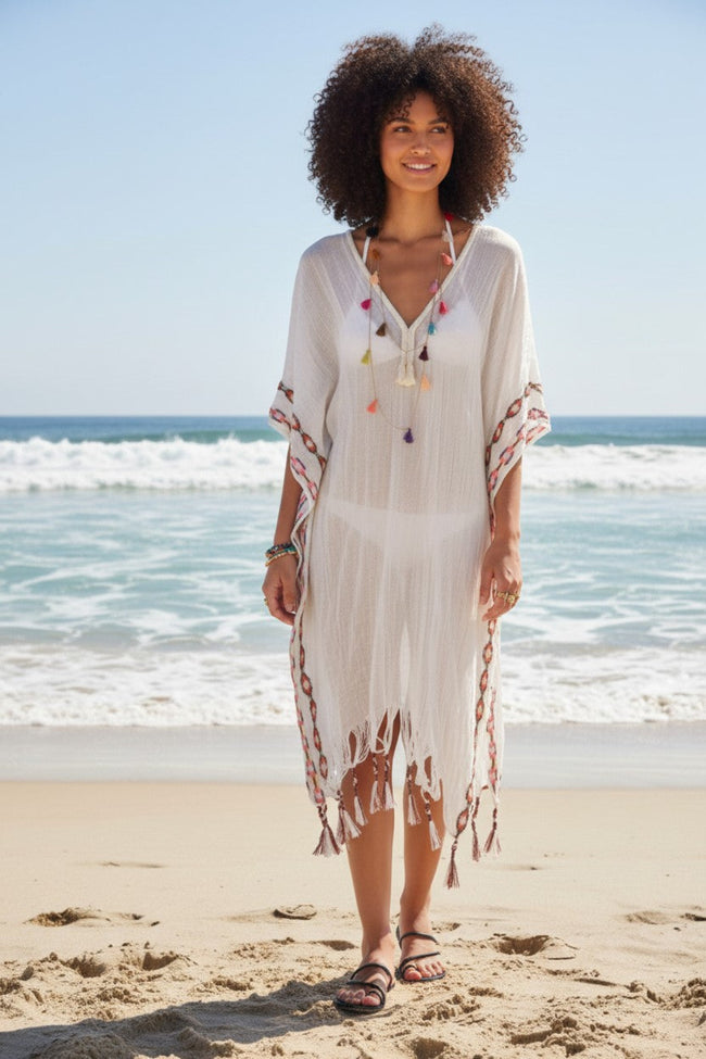 Aztec Embroidery Hand Loomed Novelty Maxi Kaftan Coverup white