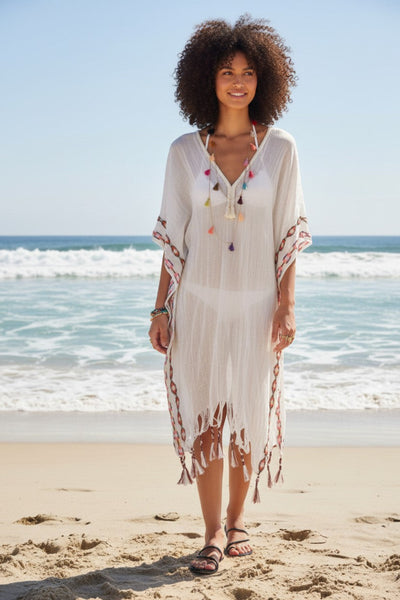 Aztec Embroidery Hand Loomed Novelty Maxi Kaftan Coverup white