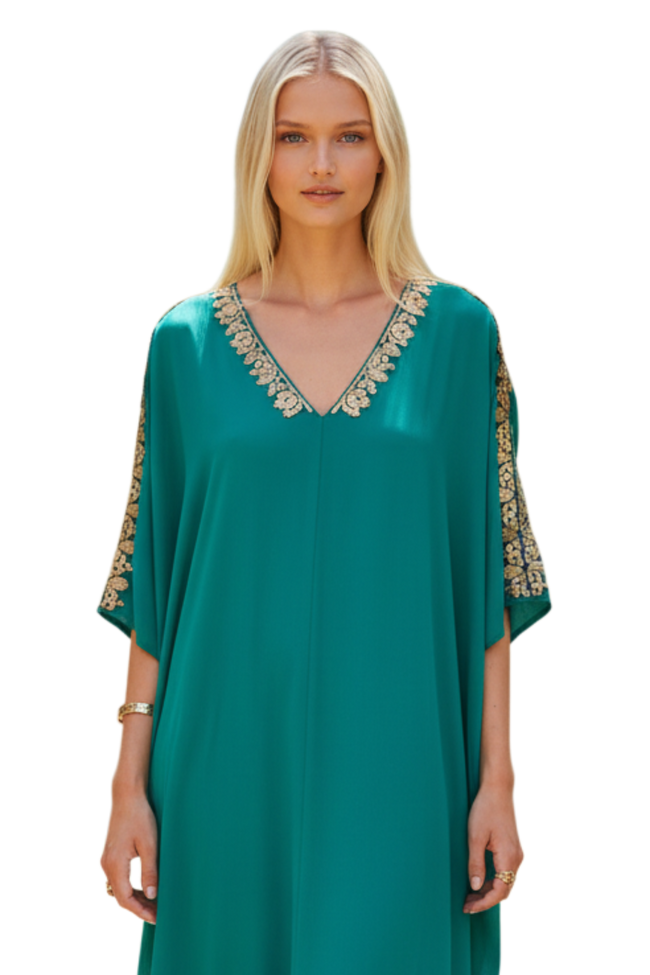 Bali Maxi Rayon Caftan Sundress with Metallic Hand  Beading emerald green color 2