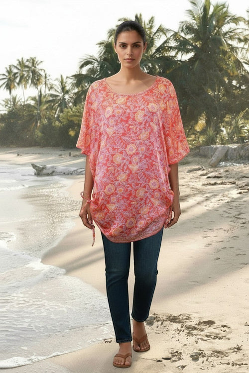 Bali Stamp Print Silk Long Tunic Converts to Dress Tropical Oasis Pink Print 
