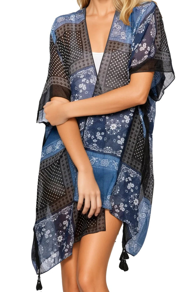 Bandana Blues Patchwork Sheer Tassel Print Kimono Coverup