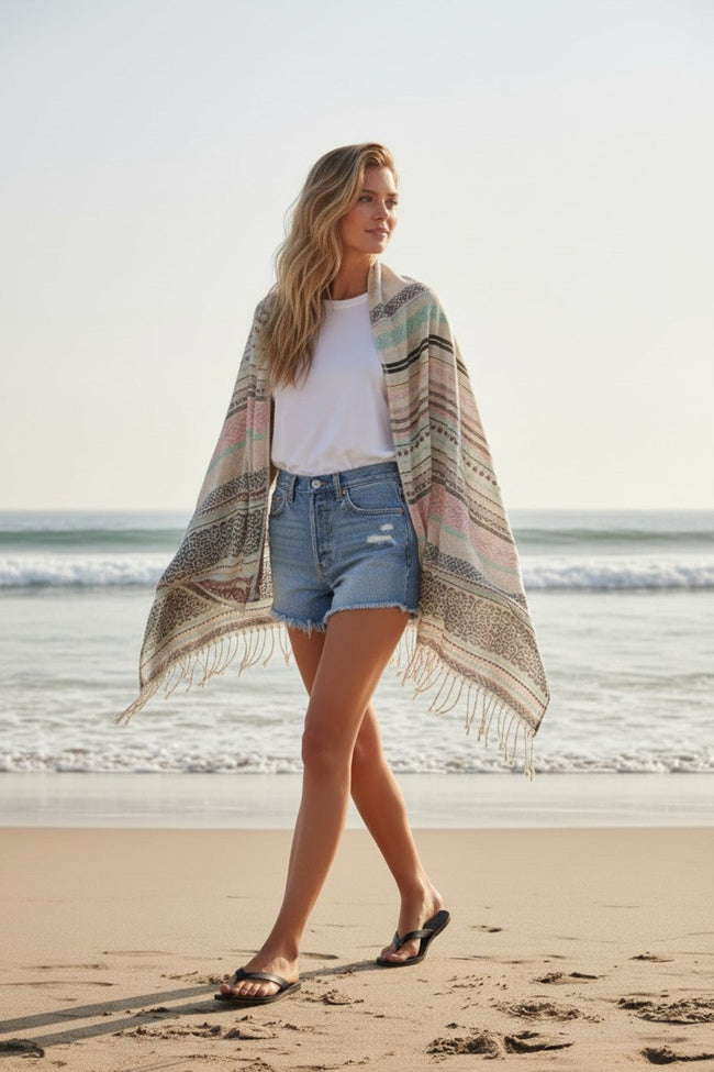 Beach Blanket Woven Pattern Pastel Scarf Wrap Sarong ivory 2