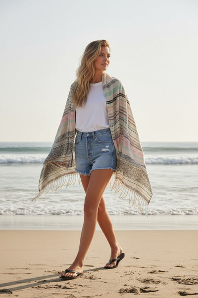 Beach Blanket Woven Pattern Pastel Scarf Wrap Sarong ivory 2