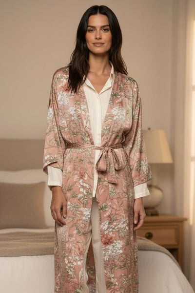 Bed to Brunch Kimono Coverup Robe in Peony Pink Petals long 2