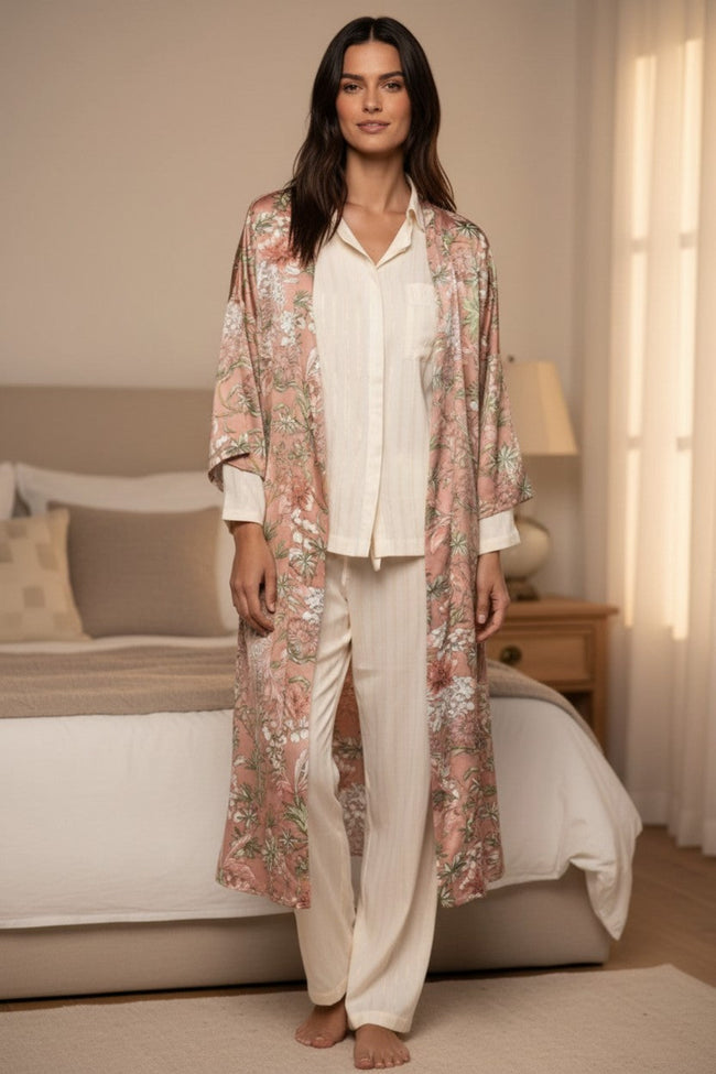 Bed to Brunch Kimono Coverup Robe in Peony Pink Petals long 3