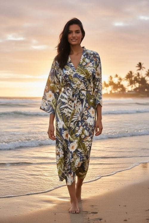 Bed to Brunch Kimono Print Wrap Tie Robe Coverup P22 Blue