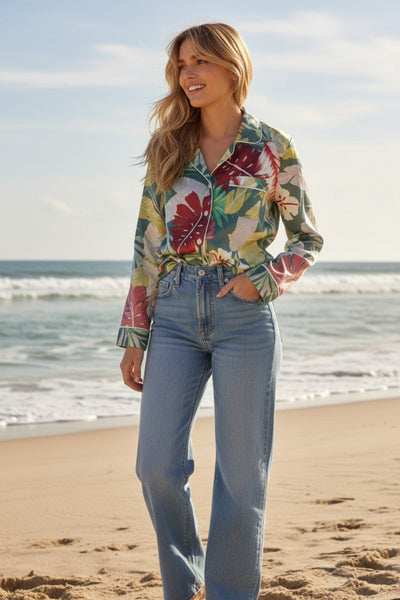 Bed to Brunch Piper Button Front Shirt | Aloha Paradise Print green 3