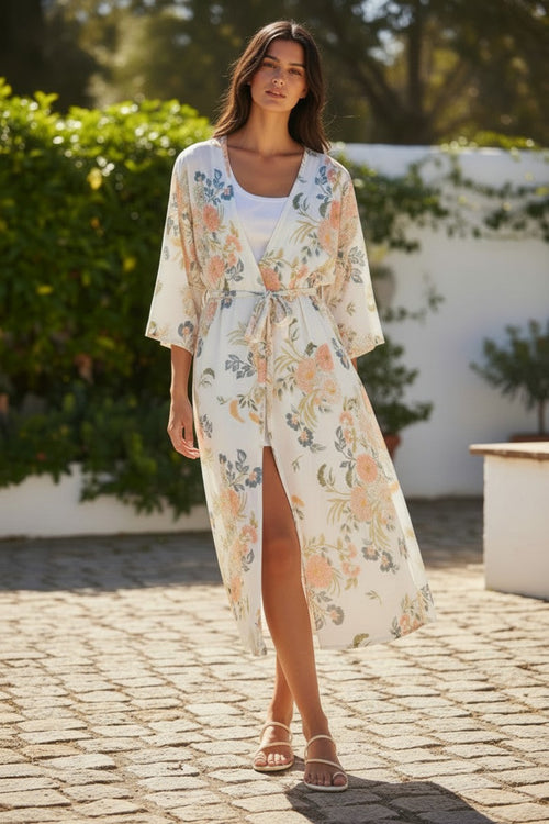 Bed to Brunch Robe Coverup Kimono in Soft Bouquet White Floral Print