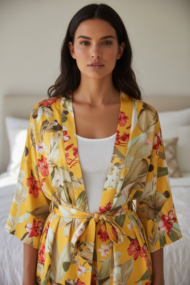 Bed to Brunch Roxy Short Robe Coverup in Golden Hour Yellow Floral 2