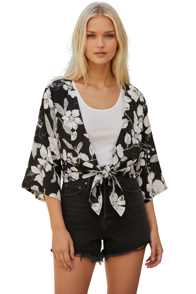 Bed to Brunch Tie Wrap Long Top in Shadowed Petals Black Floral Print