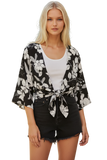 Bed to Brunch Tie Wrap Long Top in Shadowed Petals Black Floral Print
