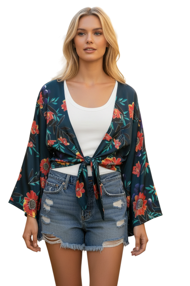 Bed to Brunch Tie Wrap Long Top in Summer Bloom Navy