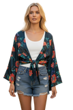 Bed to Brunch Tie Wrap Long Top in Summer Bloom Navy