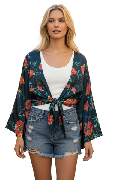 Bed to Brunch Tie Wrap Long Top in Summer Bloom Navy