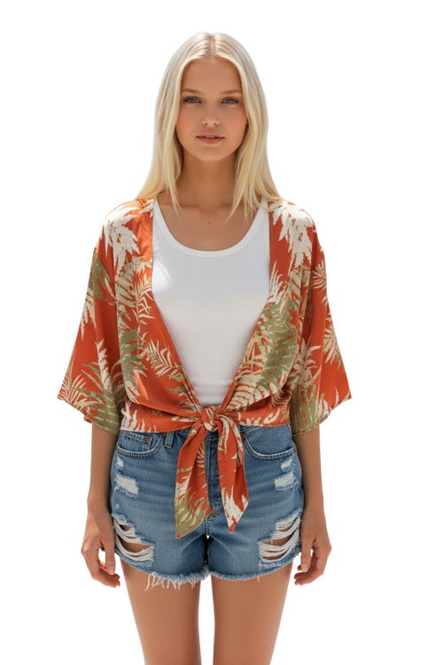 Bed to Brunch Tie Wrap Top in Bold Ferns Print burnt orange