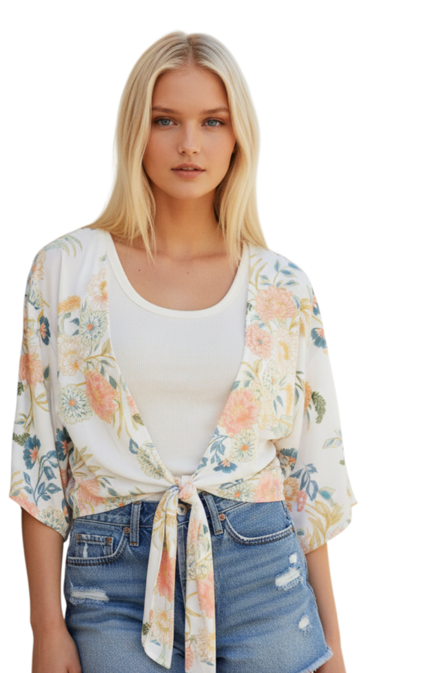 Bed to Brunch Tie Wrap Top in Soft Bouquet Print whiite