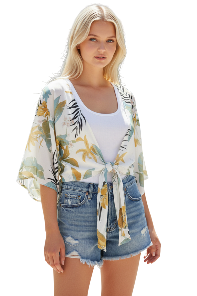 Bed to Brunch Tie Wrap Top in Tropical Garden Print BLUE WHITE 2