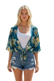 Bed to Brunch Tie Wrap Top in Tropical Garden Print BLUE