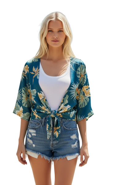Bed to Brunch Tie Wrap Top in Tropical Garden Print BLUE