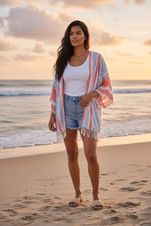 Bell Kimono Coverup Hand Loomed Woven Fabrics RED BLUE AND WHITE