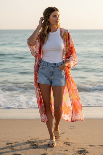 Bell Kimono Sleeve Print Kimono in Luxury Fabrics California Sunrise Red Orange