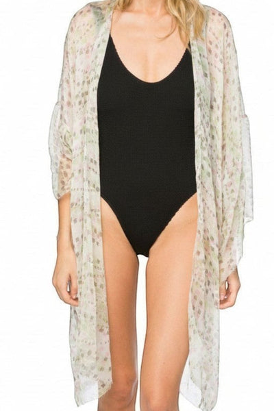Bell Kimono Sleeve Print Kimono in Silk Geo Squared Print 2 tan