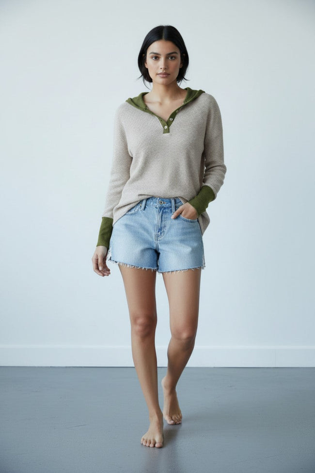 Bi-Color Contrast-Cuff Sweater Knit Hoodie in Zen Blend Cotton Tencel™ Yarn olive accent