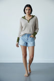 Bi-Color Contrast-Cuff Sweater Knit Hoodie in Zen Blend Cotton Tencel™ Yarn olive accent