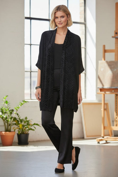 Black Magic Knit Loose Open Front Cardigan Sweater with Stretch Cut Out Velvet Panel GM Geometric Pattern