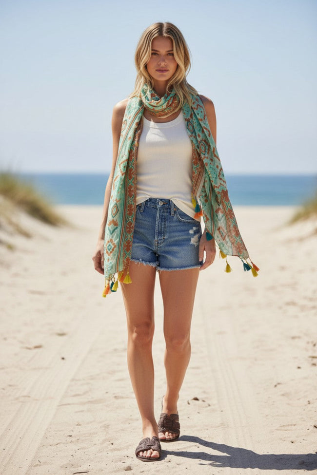 Block Artistry Luxury Green Print Cotton Lurex Sarong Scarf Wrap 4