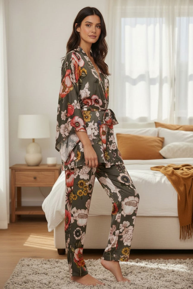Bloom Baby Olive Print Floral Satin Short Kimono Wrap Robe 2