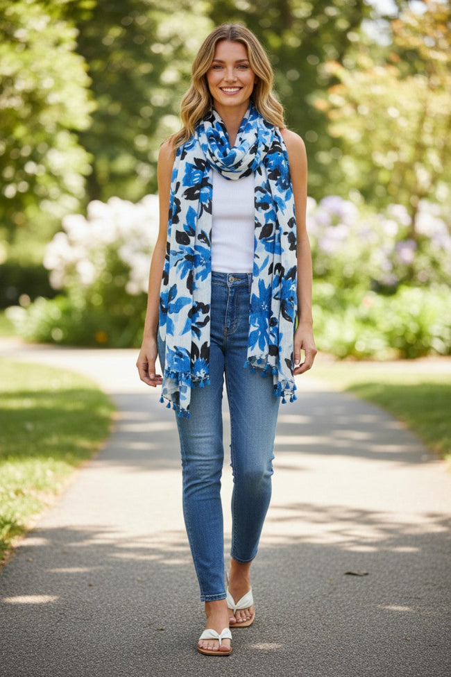 Blue Blossom Luxury Cotton Tassel Indigo Print Scarf Wrap