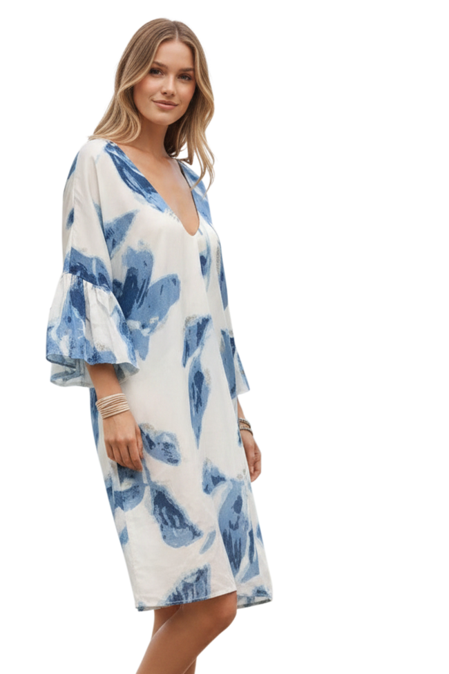 Blue Bonnet Soft Print  Floral| Bell Kaftan Coverup Dress blue 5
