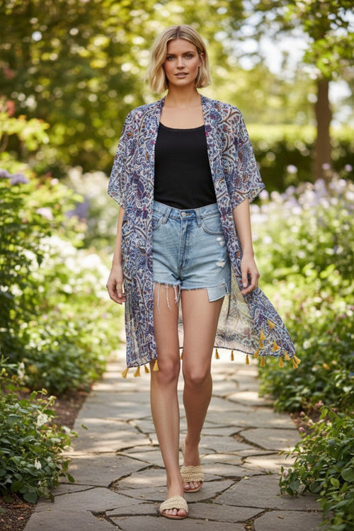 Blue Paisley Sheer Print Kimono Coverup