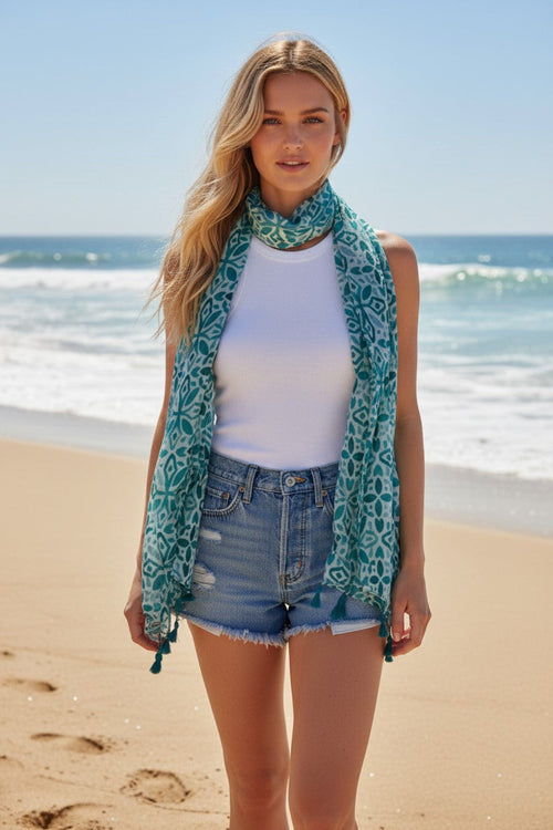 Blue Tiles Mediterranean Inspired Print Sarong Scarf Wrap 2