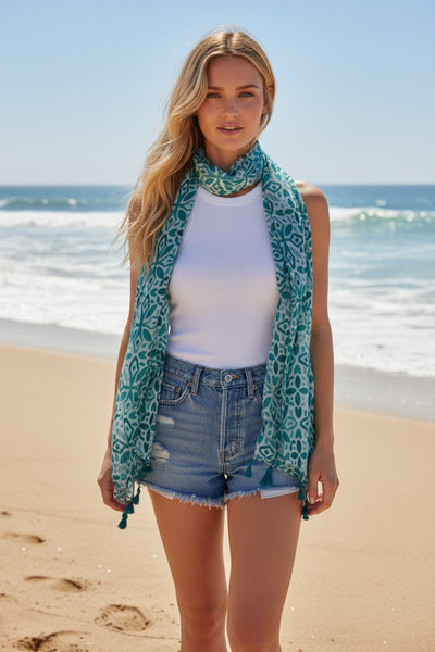 Blue Tiles Mediterranean Inspired Print Sarong Scarf Wrap 2