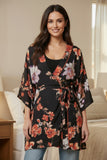 Blushing Floral Black Print Satin Kimono Short Robe 2