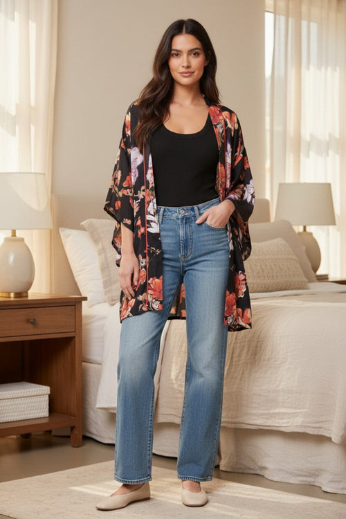 Blushing Floral Black Print Satin Kimono Short Robe