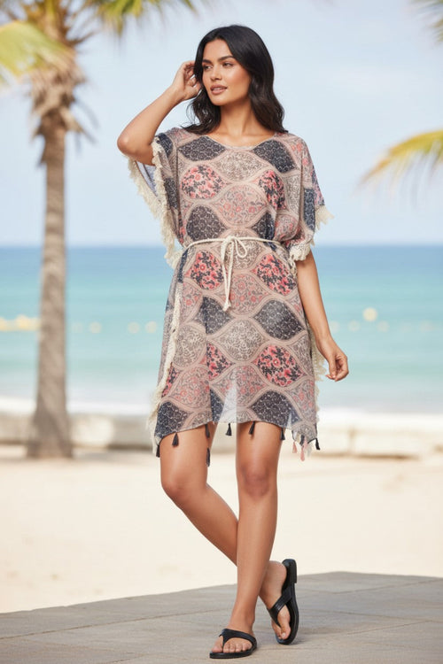 Boho Beach Cover-Up Sheer Sundress in Lattice Garden Patchwork Print