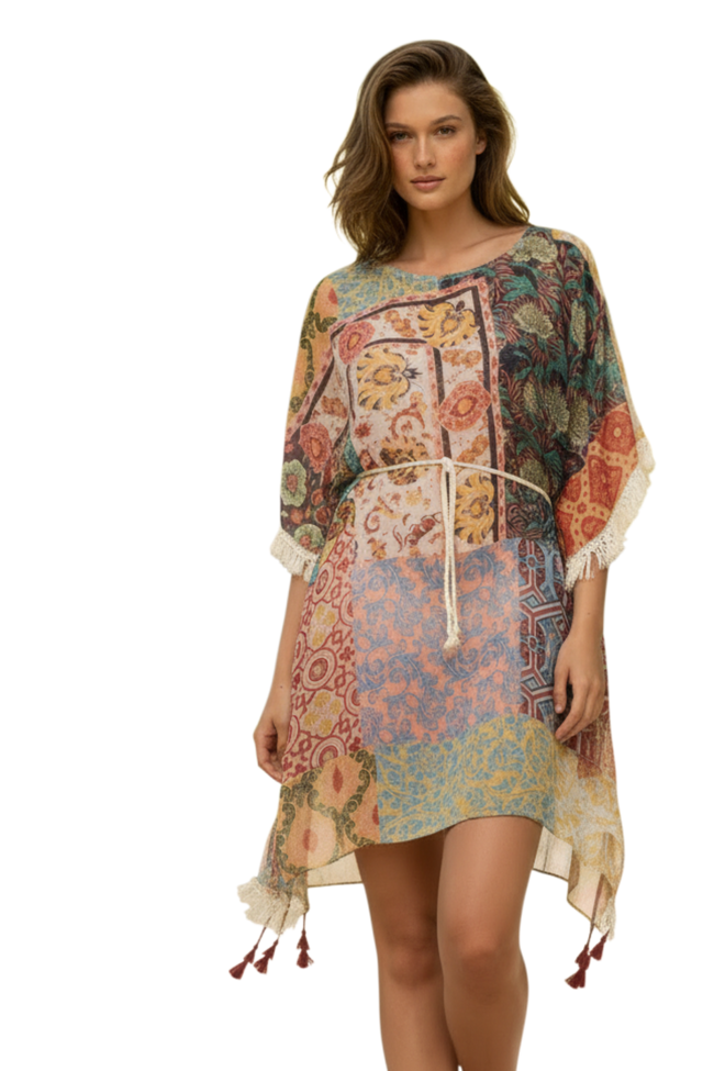 Boho Beach Fringe Edge Sundress in Moroccan Patchwork Print 4