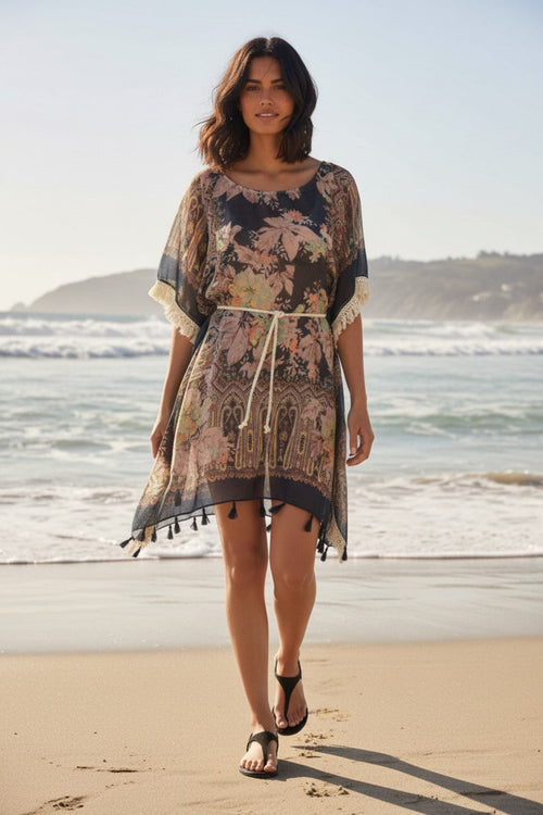 Boho Beach Fringe Trim Sundress Coverup in Rio Blooms Print 2